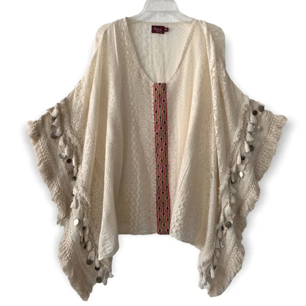 Avani Del Amour pullover Boho 100% Cotton crochet hippie Fringe poncho Size S/M - Picture 1 of 15